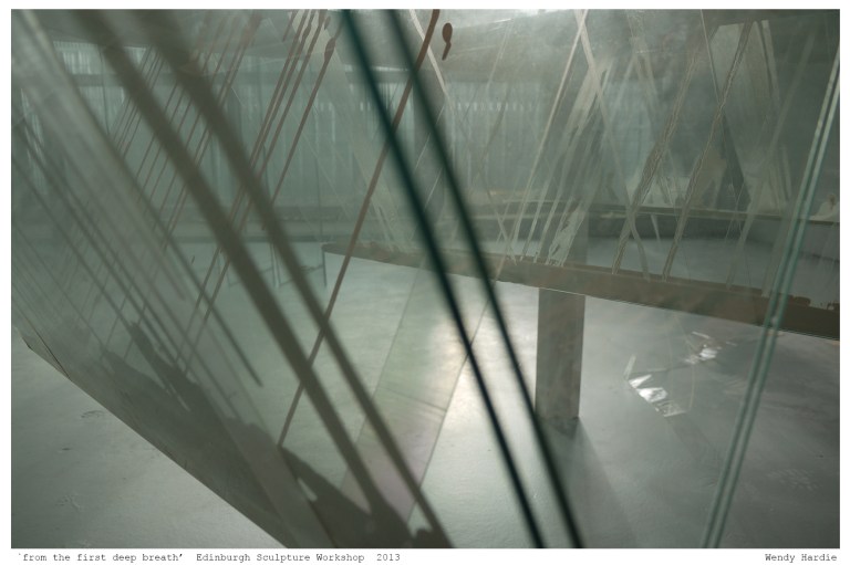 Detail of the folding glass sculpture 'mammary' by artist Wendy Hardie in the exhibition 'from the first deep breath' held at the Edinburgh Sculpture Workshop in 2013. 