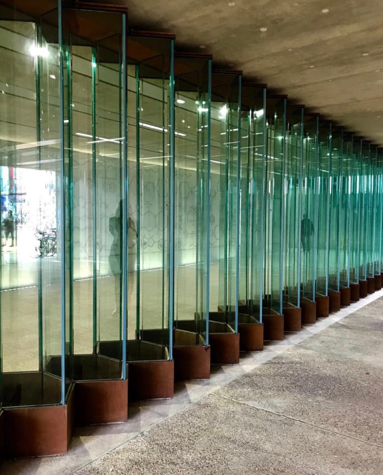 Hackney Wick Station Daytime View of Molecular Glass Wall Installation by Collaborating Artist Wendy Hardie 2018