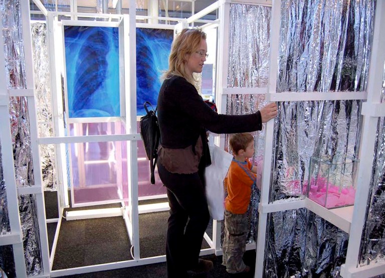 Environmental Art Installation by artist Wendy Hardie R-evolving Door London 2007 on the symbiotic relationship between lungs and trees