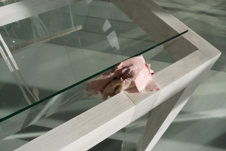 Detail of art work by Artist Wendy Hardie 2013 Glass, timber, silicon.