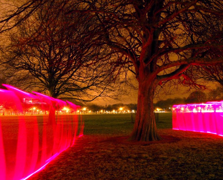 Light Art by artist Wendy Hardie 'Envelop, 2005- 06' is the formation of a pink enclosure of light around a Horse Chestnut Tree.